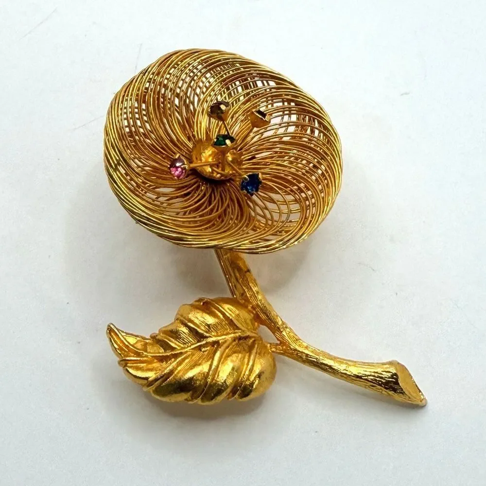 Vintage Gold Tone Wire Flower Brooch Colorful Rhinestone Floral Pin